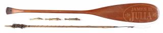 Appraisal: THREE OSCAR PETERSON FISH DECOYS OLD TOWN CANOE PADDLE AND