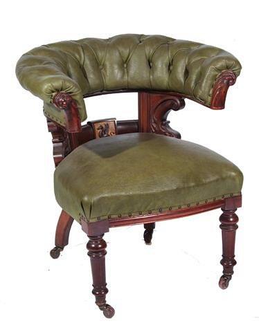 Appraisal: FOUR TH CENTURY CARVED MAHOGANY AND LEATHER LIBRARY CHAIRS on