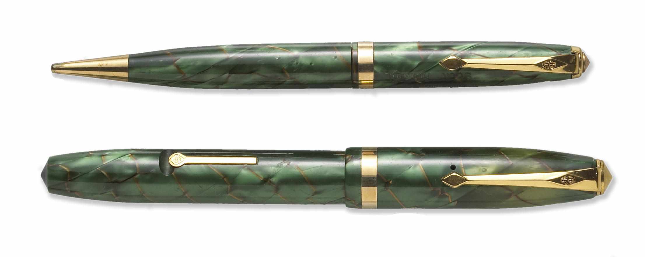 Appraisal: Conway-Stewart Fountain Pen and Mechanical Pencil in green marble with