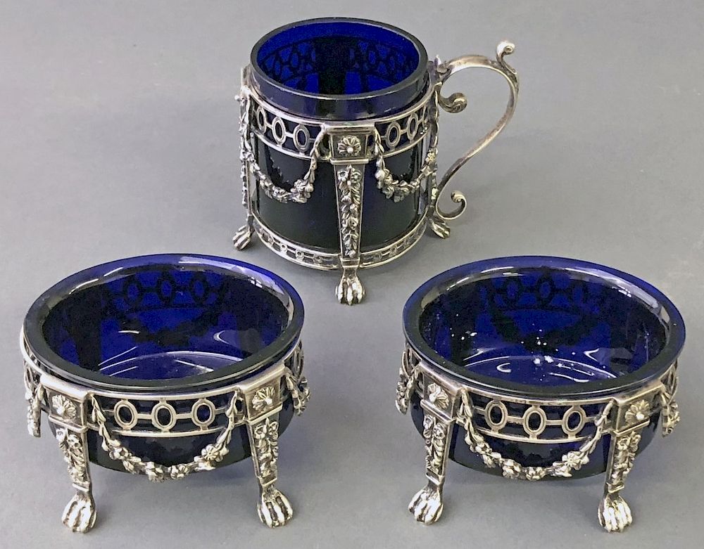 Appraisal: Silver and Cobalt Glass Open Salts and Container Hallmarked Continental