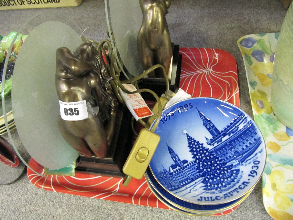 Appraisal: Two reproduction lamps and four Bing Grondhal Christmas plates