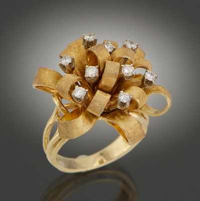 Appraisal: A Ladies' Ribbon Design Cocktail Ring with Diamonds k yellow