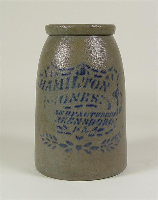 Appraisal: Salt Glazed Canning Crock Circa Cobalt decoration Marked Hamilton Jones