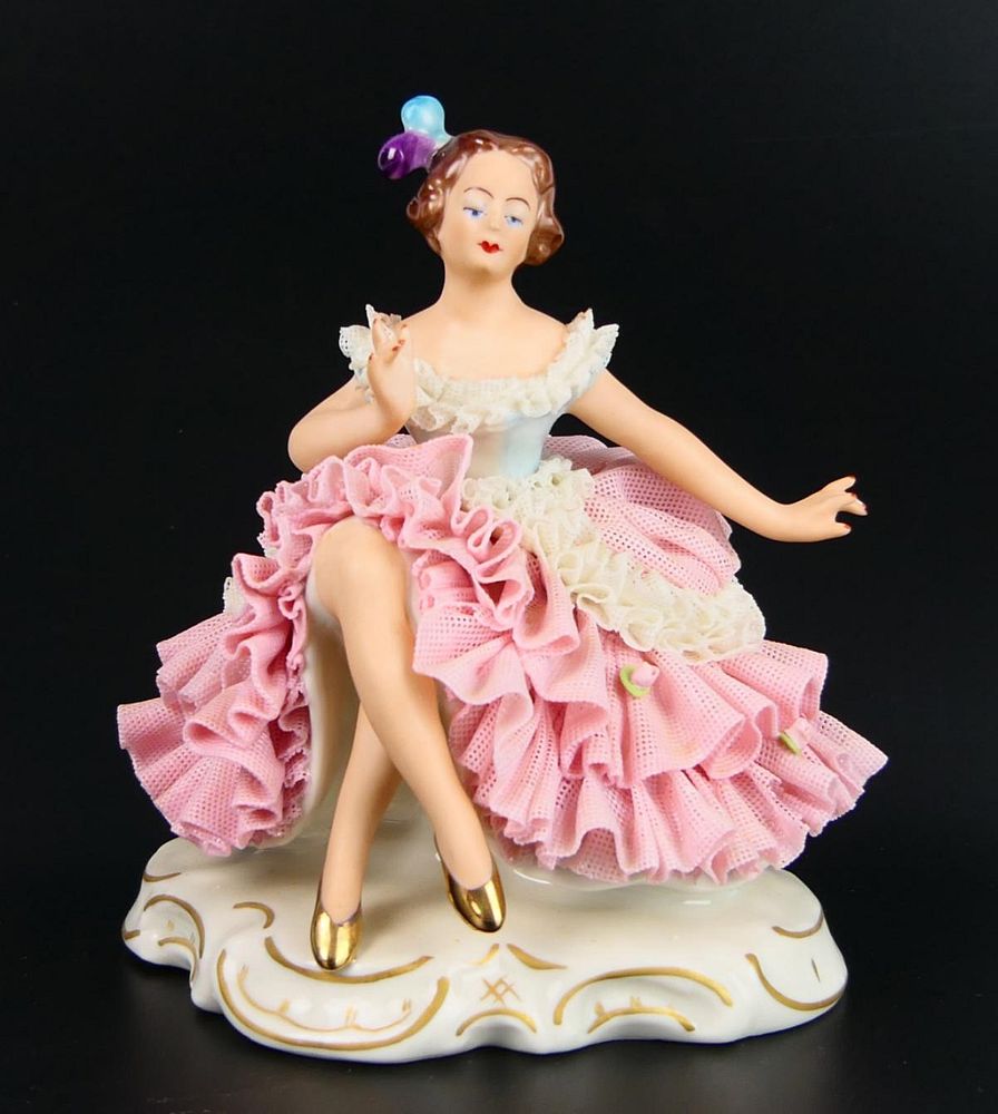 Appraisal: DRESDEN FIGURINE OF A SEATED BALLET DANCER Measures tall by