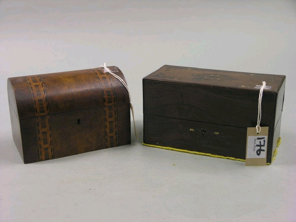 Appraisal: A Victorian rosewood box inlaid with leaf scrolls in brass