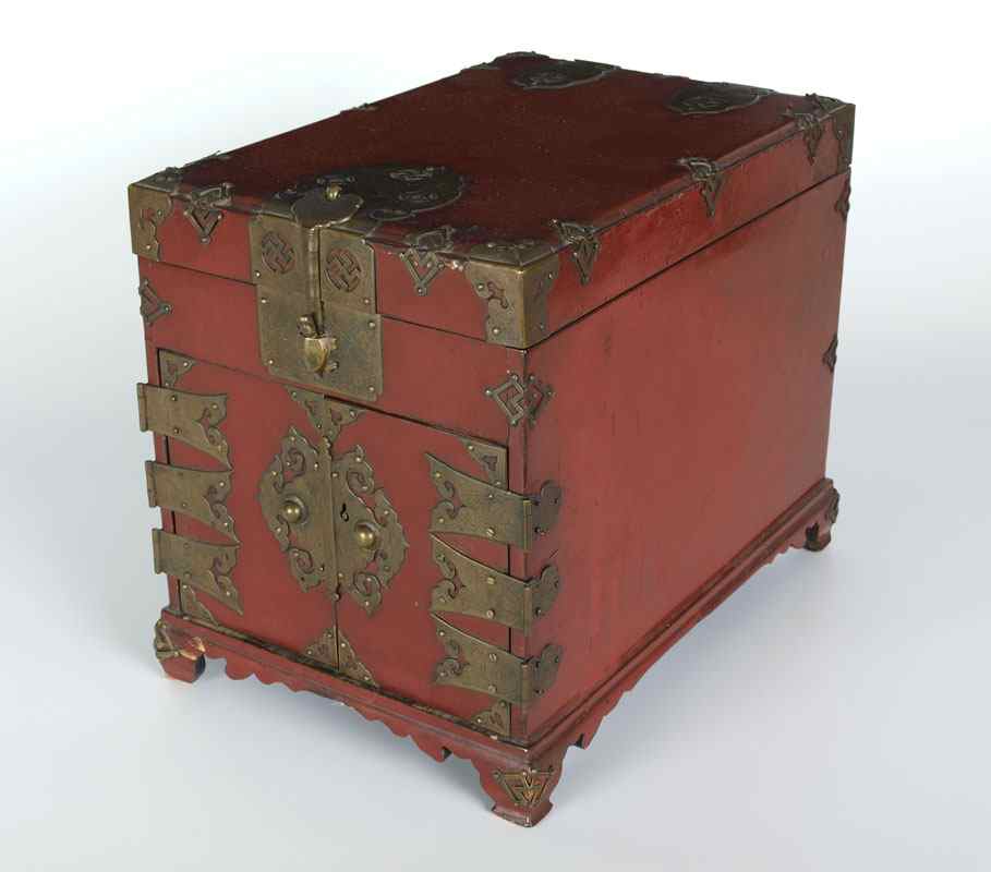 Appraisal: KOREAN RED LACQUER CHEST Red lacquer body with brass hardware