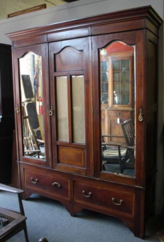 Appraisal: Edwardian Mahogany Mirrored Armoire with StringInlay From a Dobbs Ferry