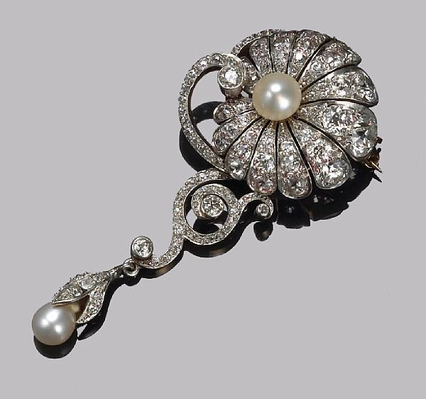 Appraisal: An antique diamond and cultured pearl brooch-pendant circa estimated total