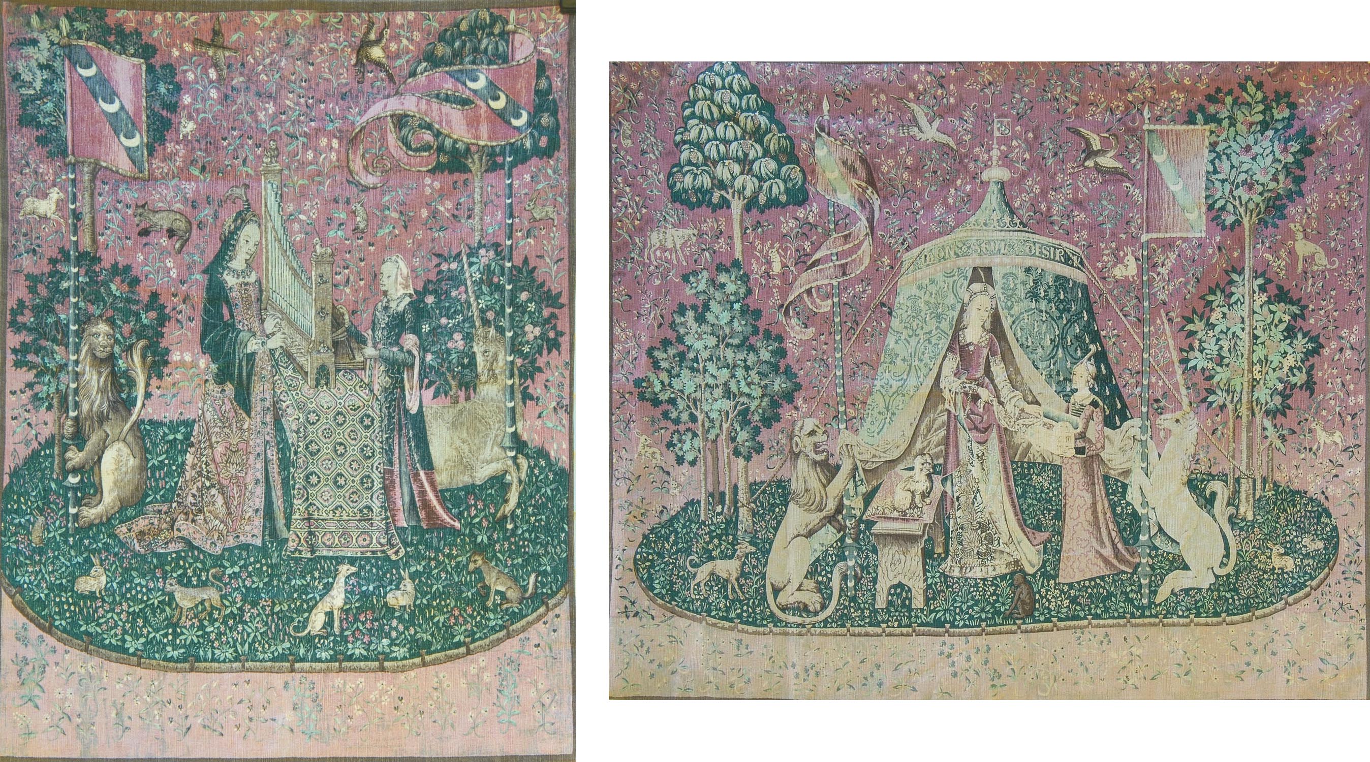 Appraisal: TWO CONTEMPORARY WALL TEXTILES Medieval theme of ladies emerging from