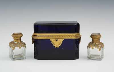 Appraisal: A French Cobalt Blue Glass Box and Pair of Glass