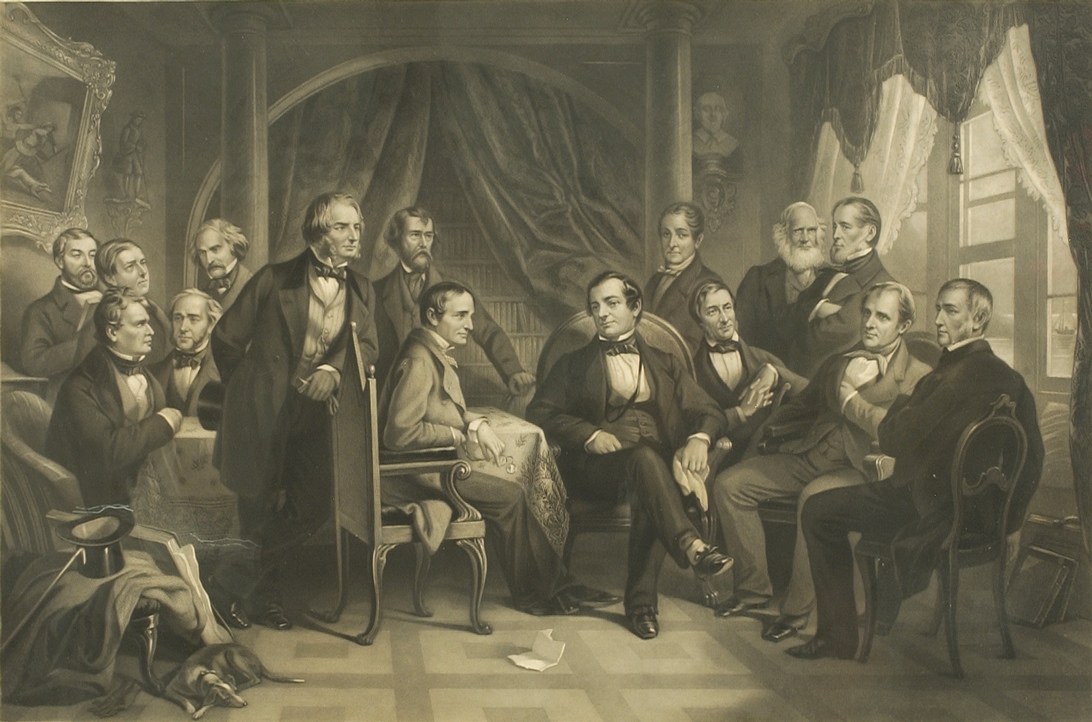 Appraisal: FRAMED BLACK AND WHITE LITHOGRAPH Group of well-dressed gentlemen meeting