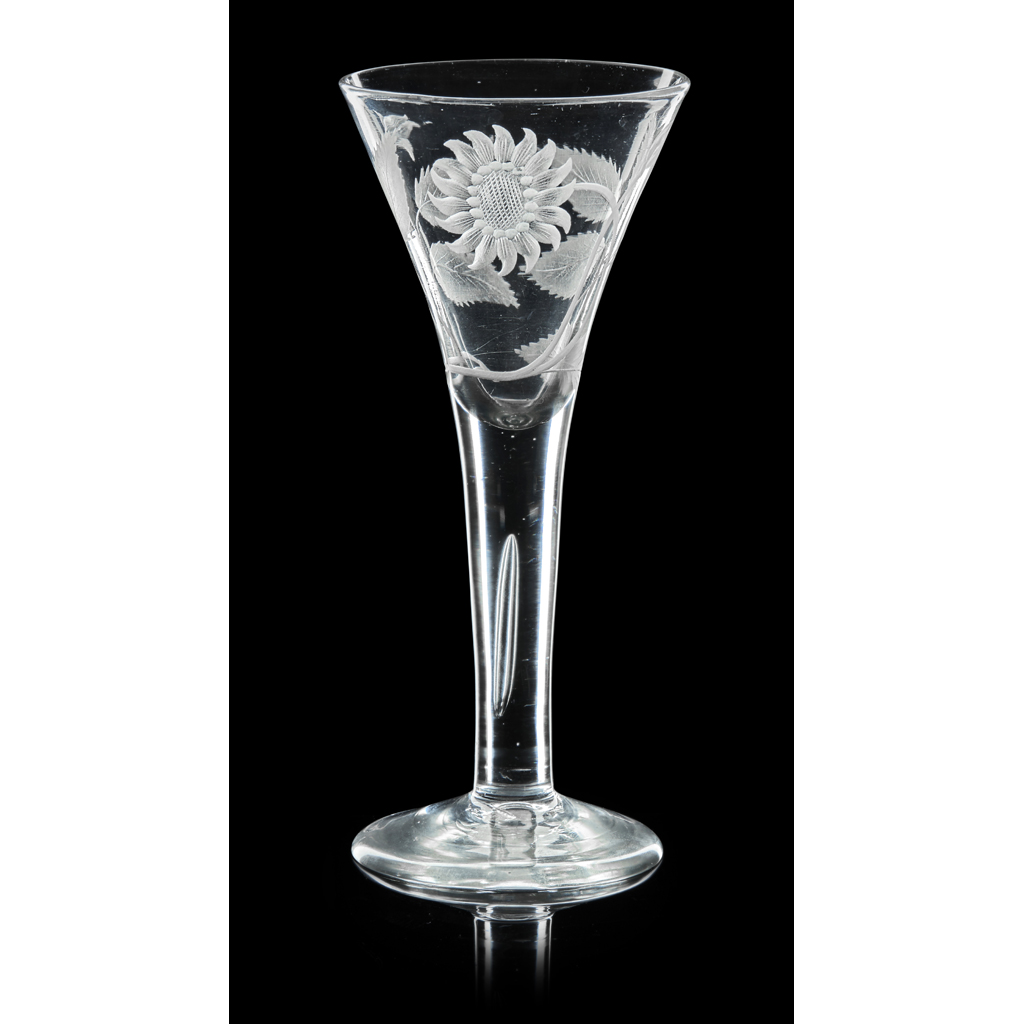 Appraisal: A JACOBITE ENGRAVED WINE GLASS TH CENTURY the drawn trumpet