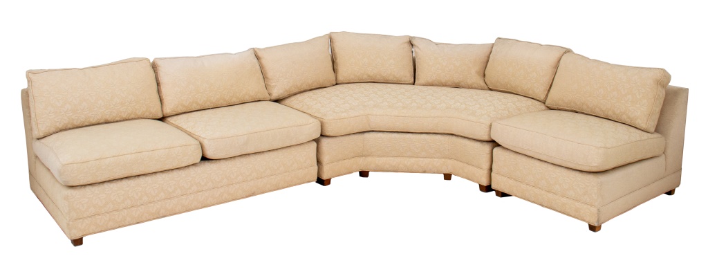 Appraisal: SECTIONAL SOFA IN ALMOND JACQUARD Sectional sofa with square backs