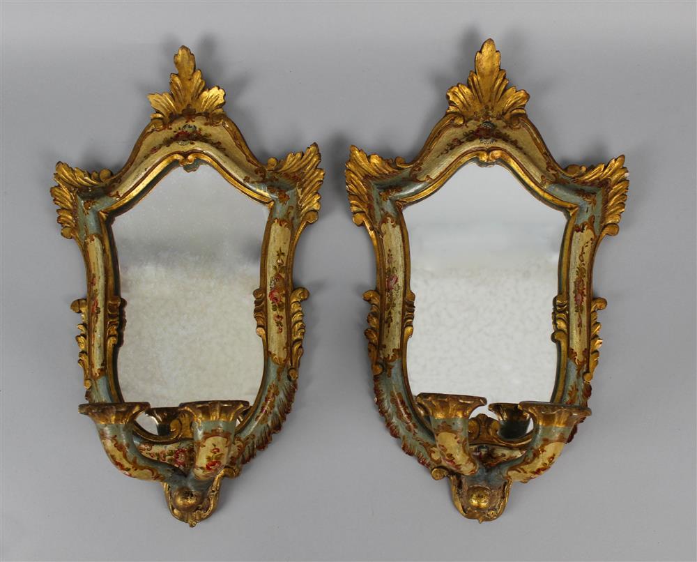 Appraisal: PAIR OF VENETIAN PAINTED ROCOCO STYLE PARCEL GILT TWO-LIGHT GIRANDOLE