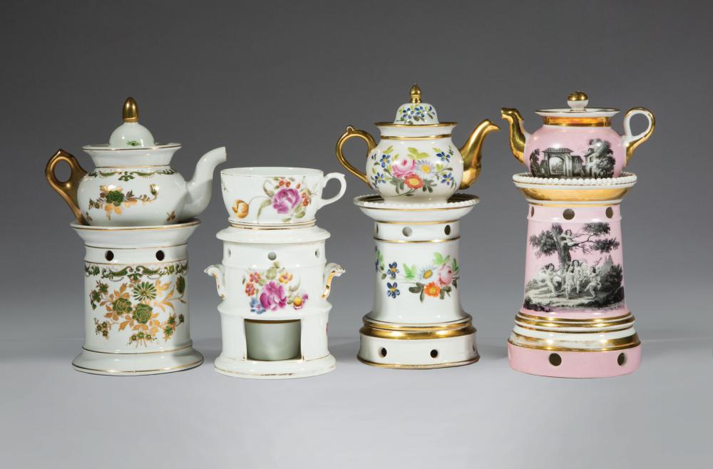 Appraisal: Four Antique French Porcelain Gilt and Polychrome Veilleuses various designs