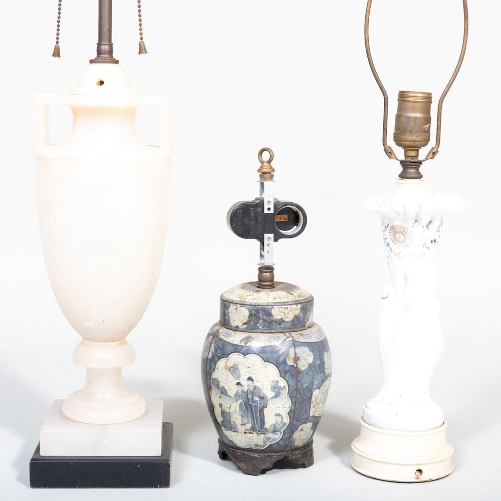 Appraisal: Three Table Lamps Comprising A hardstone urn form lamp A