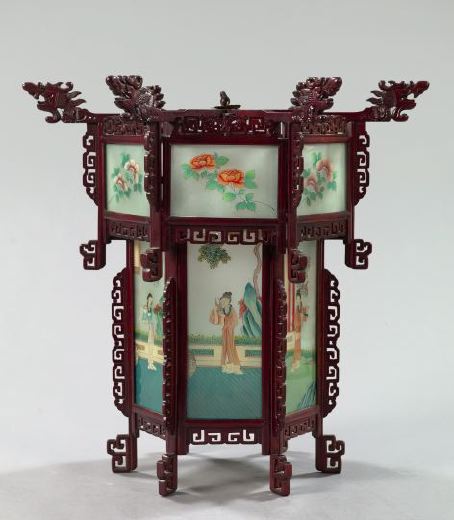 Appraisal: Large Kuang Hsu Dragon-Carved Wood-Enframed Tiered Hanging Lantern first quarter