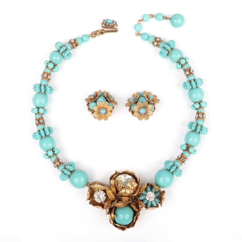 Appraisal: MIRIAM HASKELL TURQUOISE BEADED CHOKER NECKLACE WITH MULTIPLE FLOWER PENDANT