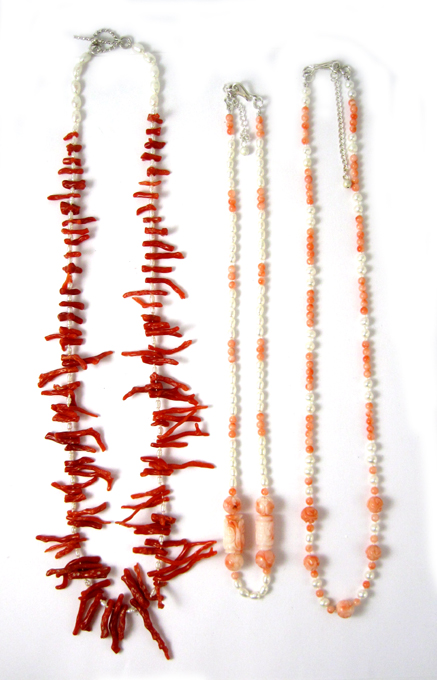 Appraisal: THREE CORAL AND PEARL NECKLACES including a inch necklace strung