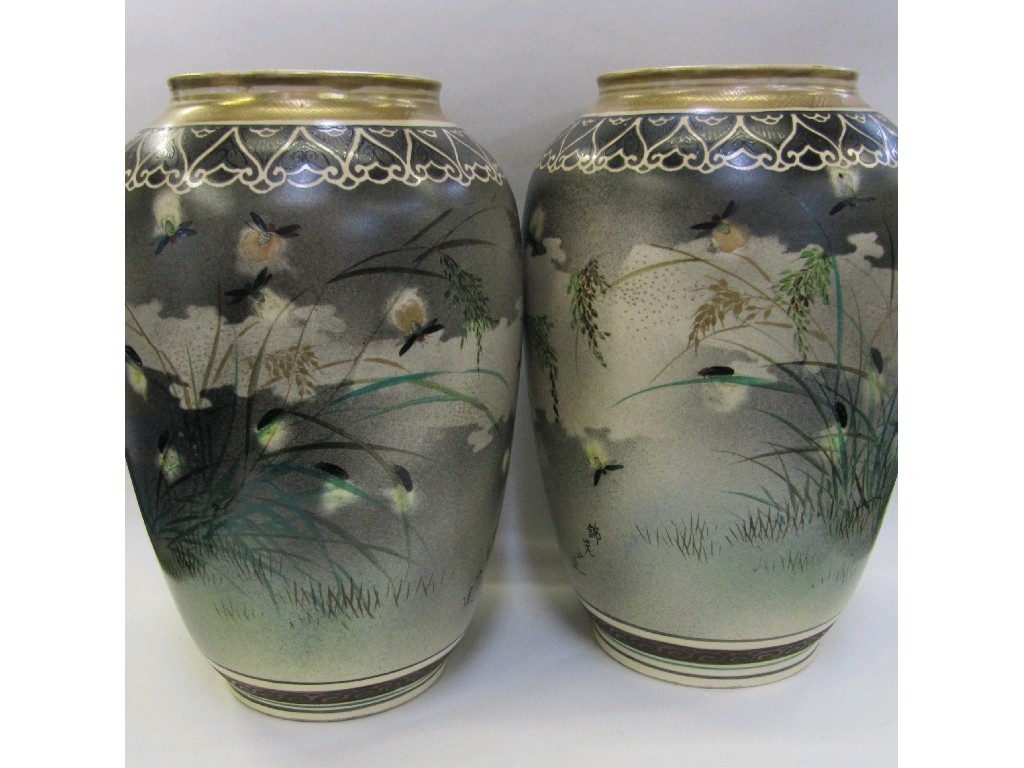 Appraisal: Pair of Satsuma vases hand painted with fireflies and beetles