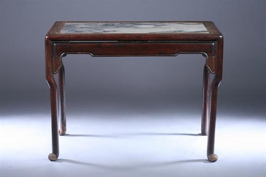 Appraisal: CHINESE WOODEN RECTANGULAR TABLE WITH GRAY MARBLE-INSET TOP carved to