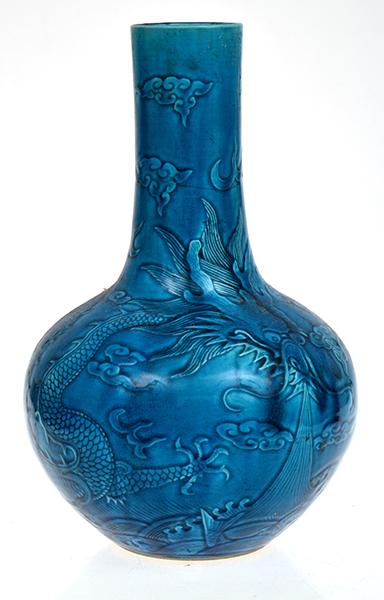 Appraisal: CHINESE MONOCHROME TURQUOISE BLUE GLAZED BOTTLE VASE WITH DRAGON MOTIF