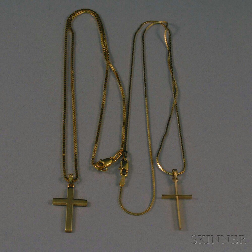 Appraisal: Two kt Gold Cross Pendants on Chains total dwt Estimate