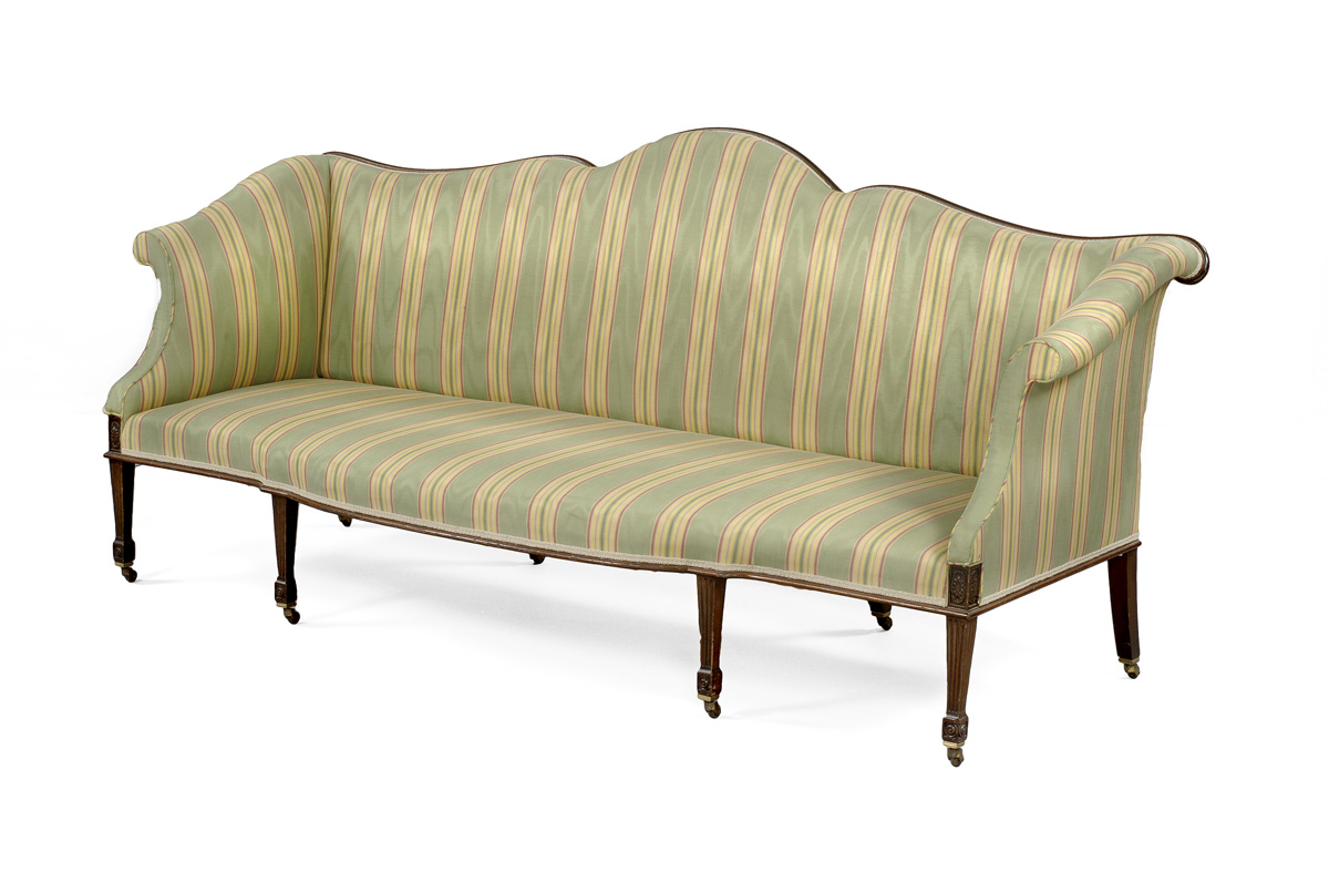 Appraisal: GEORGE III MAHOGANY AND UPHOLSTERED SCROLL-ARM SOFA Height inches length