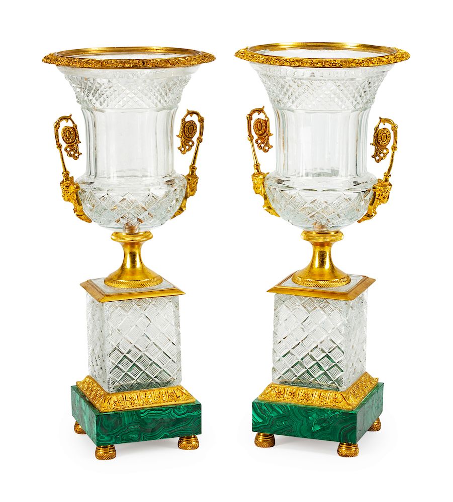 Appraisal: A Pair of Neoclassical Style Gilt-Bronze-Mounted Cut-Glass and Malachite Urns