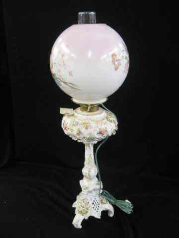 Appraisal: Dresden Porcelain Banquet Lamp appliedflowers footed floral globe '' tall