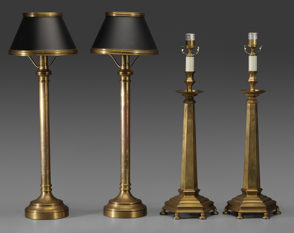 Appraisal: Two Pairs Brass Lamps modern pair with tapered hexagonal columns