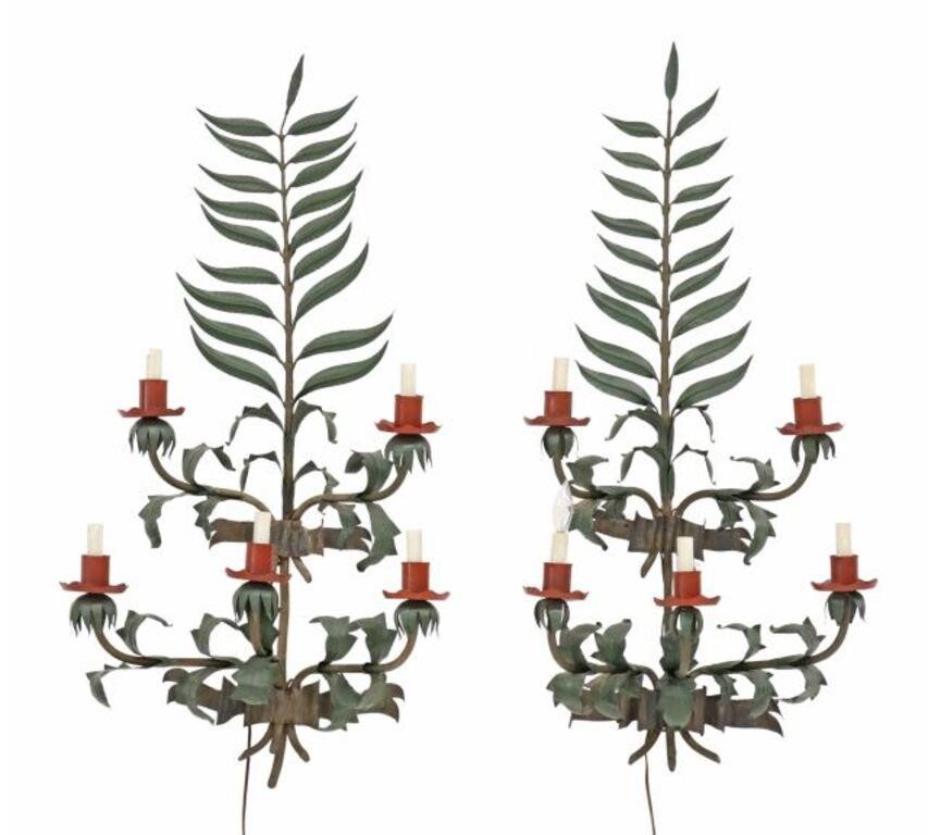 Appraisal: pair Tole painted iron five-light wall sconces th c having