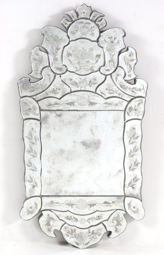 Appraisal: VENETIAN GLASS WALL MIRROR th century etched and applied glass