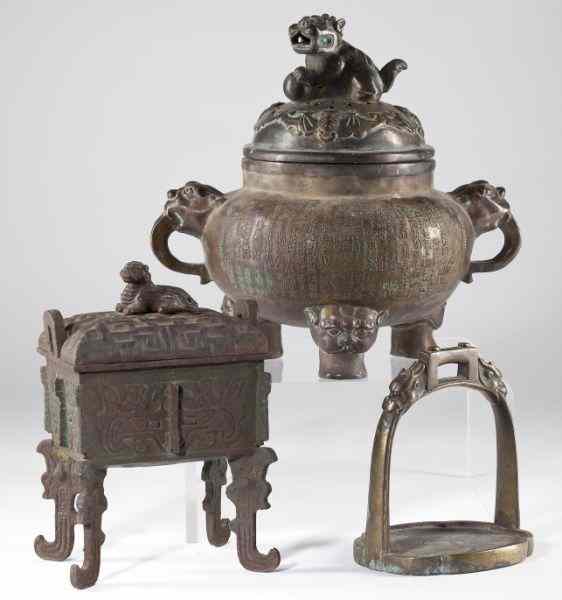 Appraisal: Three Chinese Metalwork Articlesthe first a bronze censer cartouche on