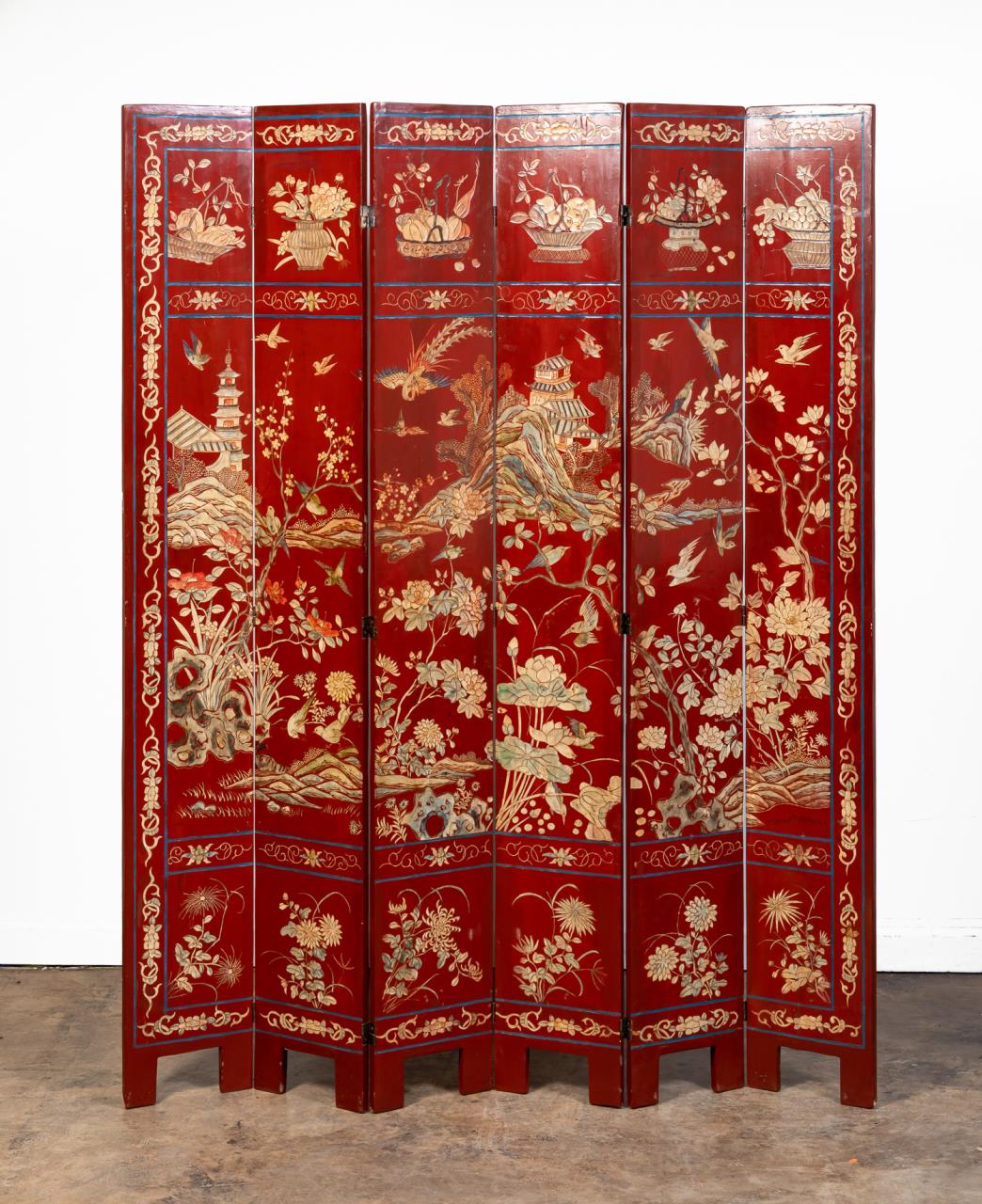 Appraisal: CHINESE RED SIX PANEL COROMANDEL SCREEN Chinese red six panel