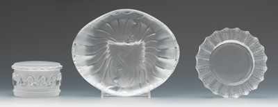 Appraisal: Three Lalique Frosted Glass Items Including a Swan covered powder