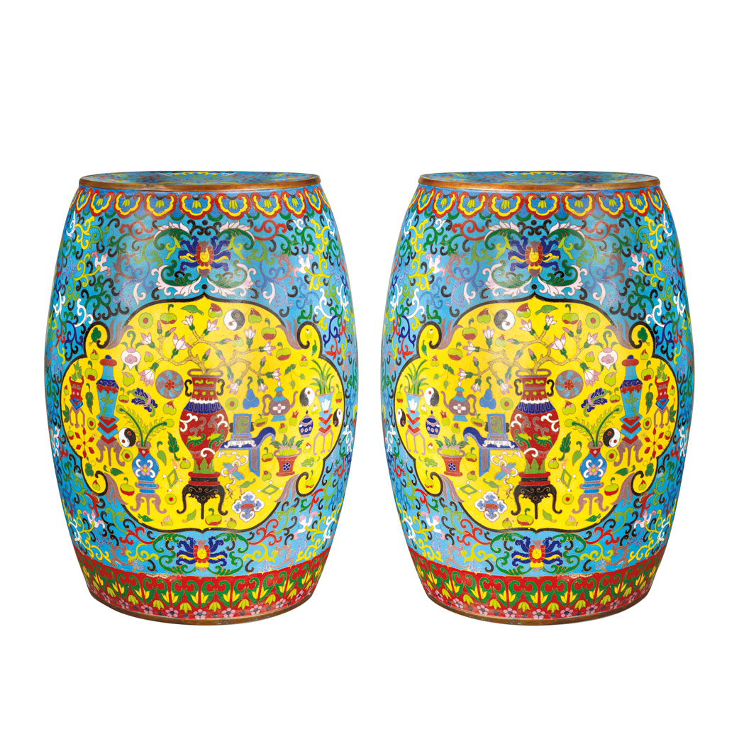 Appraisal: Pair of Chinese Cloisonne Enamel Garden Stools th Century Each