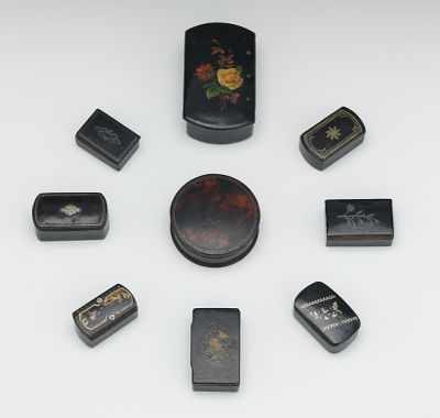 Appraisal: A Collection of Nine Papier Mache Snuff Boxes Ranging in