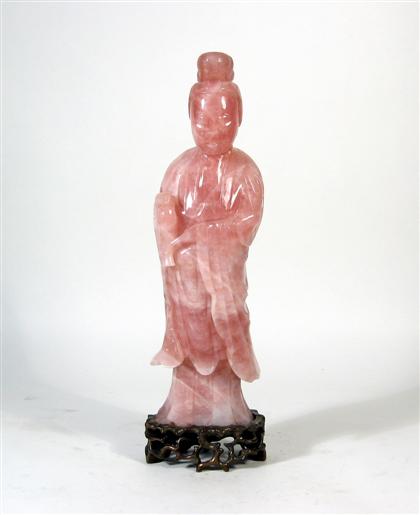 Appraisal: Chinese rose quartz figure of GuanyinTypical form raised on a