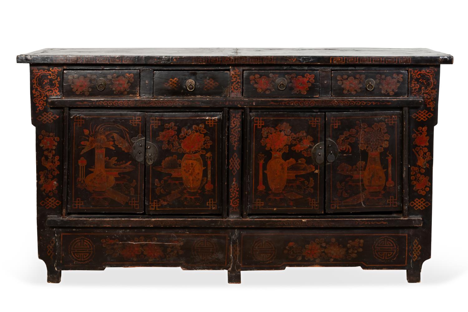 Appraisal: CHINESE LACQUER AND PAINT DECORATED SIDEBOARD Chinese black lacquer sideboard