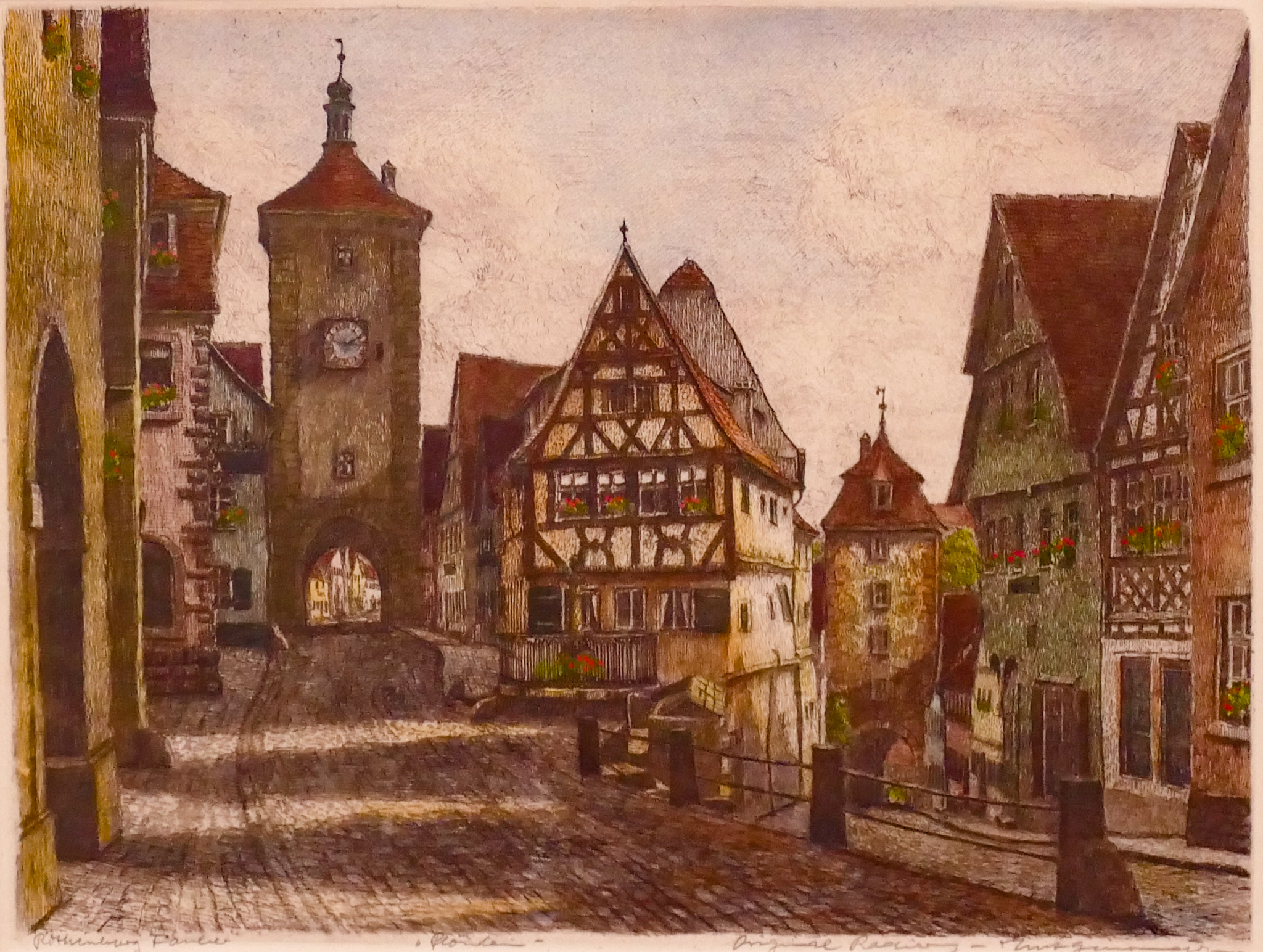 Appraisal: Vintage Rothenburg Germany Tinted Engraving Framed- x ''