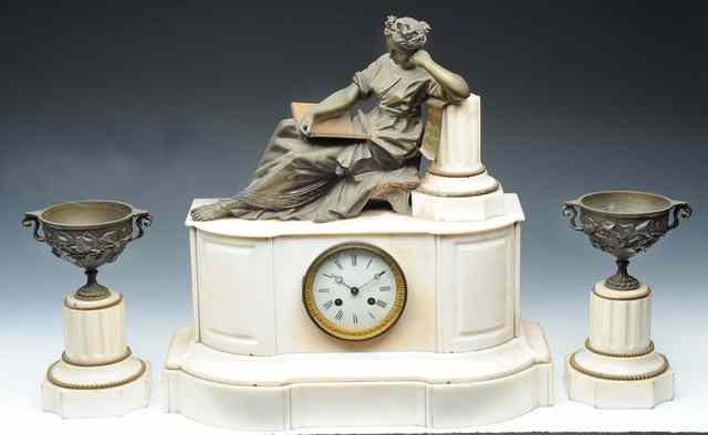 Appraisal: A TH CENTURY FRENCH WHITE MARBLE MANTEL CLOCK GARNITURE having