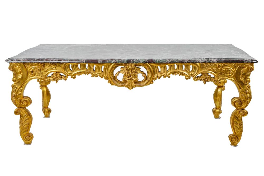 Appraisal: ROCOCO-STYLE MARBLE-TOP GILTWOOD COFFEE TABLEsecond half th century with serpentine