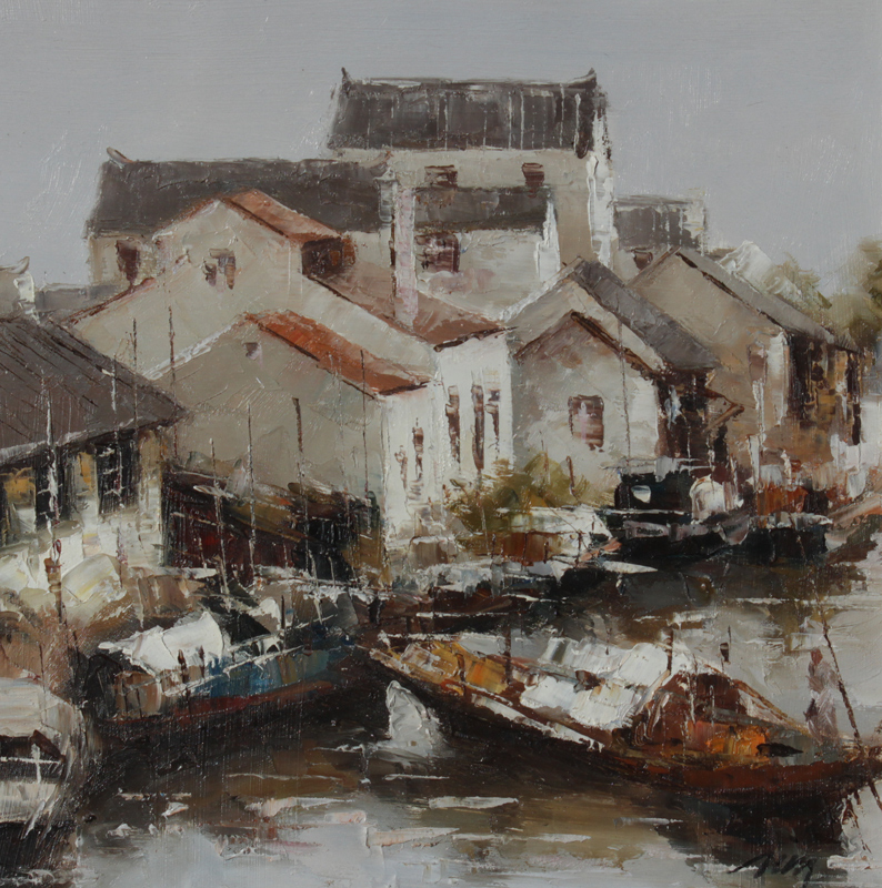 Appraisal: ZHOU Jie Chinese th C ''Go to Work'' fishing village