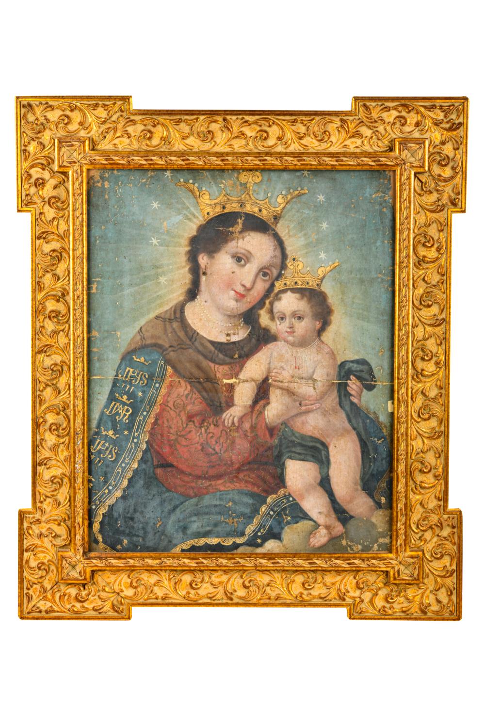 Appraisal: SPANISH COLONIAL SCHOOL MADONNA CHILDCondition with heavy loss and creasing