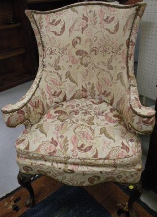 Appraisal: Upholstered armchair cabriole legs outcurved arms shell carved knees brass