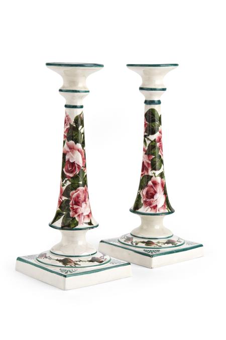 Appraisal: WEMYSS PAIR OF TALL CANDLESTICKS CIRCA decorated with cabbage roses