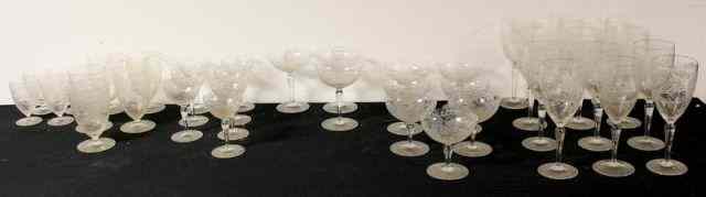 Appraisal: Engraved Crystal Stemware with Flowers and GreekKey Motif pieces total