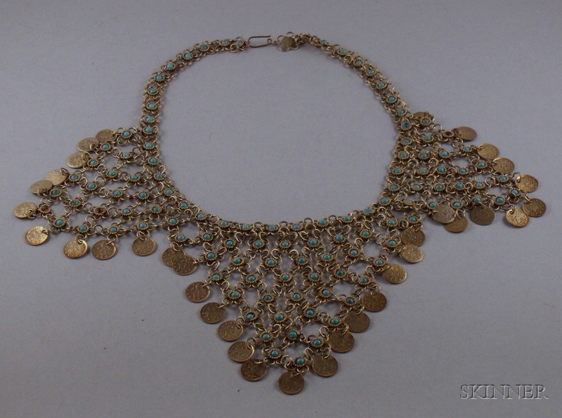 Appraisal: Ottoman Coin Gilt-metal Mesh and Costume Turquoise Bib Necklace