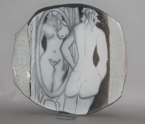 Appraisal: Woman Looking in Mirror Wall Platter Smokeless Raku on Ceramic